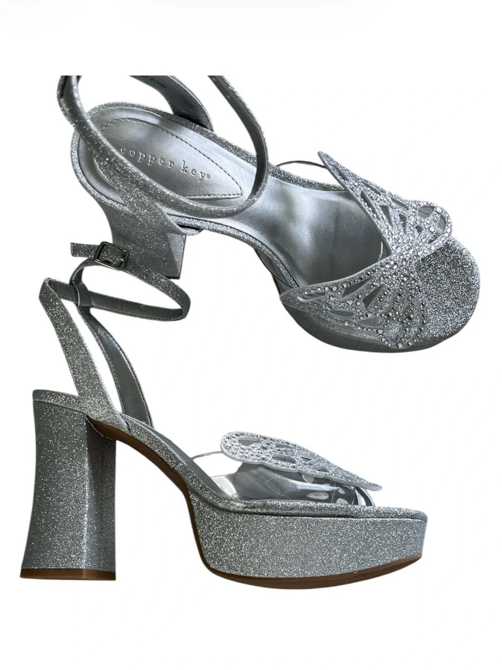 Copper Key Marigold Silver Glitter Butterfly. Rhinestone Platform Sandals 7,5 M